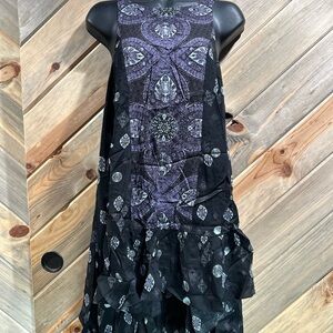 Free People Boho Mandala Halter Bib Panel Back Cutout Ruffled Hi Lo Slip Dress